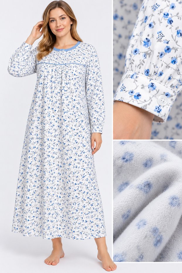 Plus Size Long Sleeve Inner Layered Women's (Mom's) Nightgown Floral Patterned Sleeves Buttoned Buttonhole Cuffs a Winter Product 100% Cotton