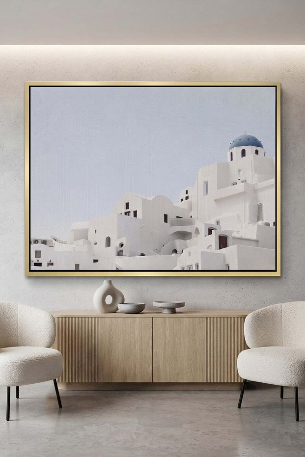 Oia Santorini White Houses Architecture Wall Art | Landscape Framed Canvas Print | Luxury Home Decor
