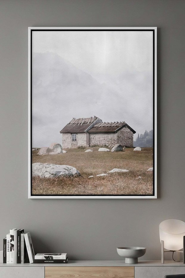Misty Stone Cottage Architecture Wall Art | Portrait Framed Canvas Print | Luxury Home Decor