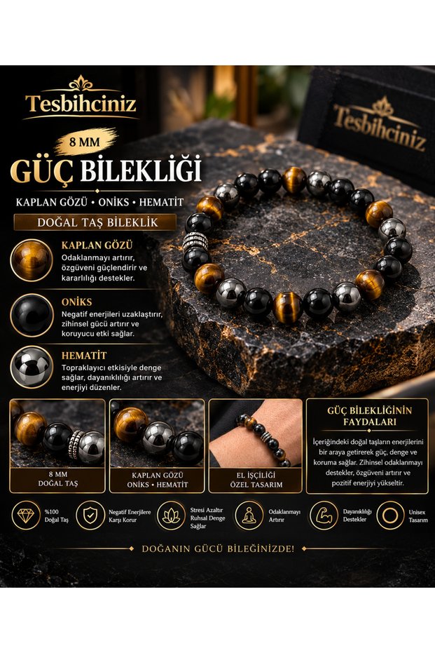 Power Bracelet – Tiger's Eye, Onyx & Hematite Natural Stone Men's / Women's Bracelet