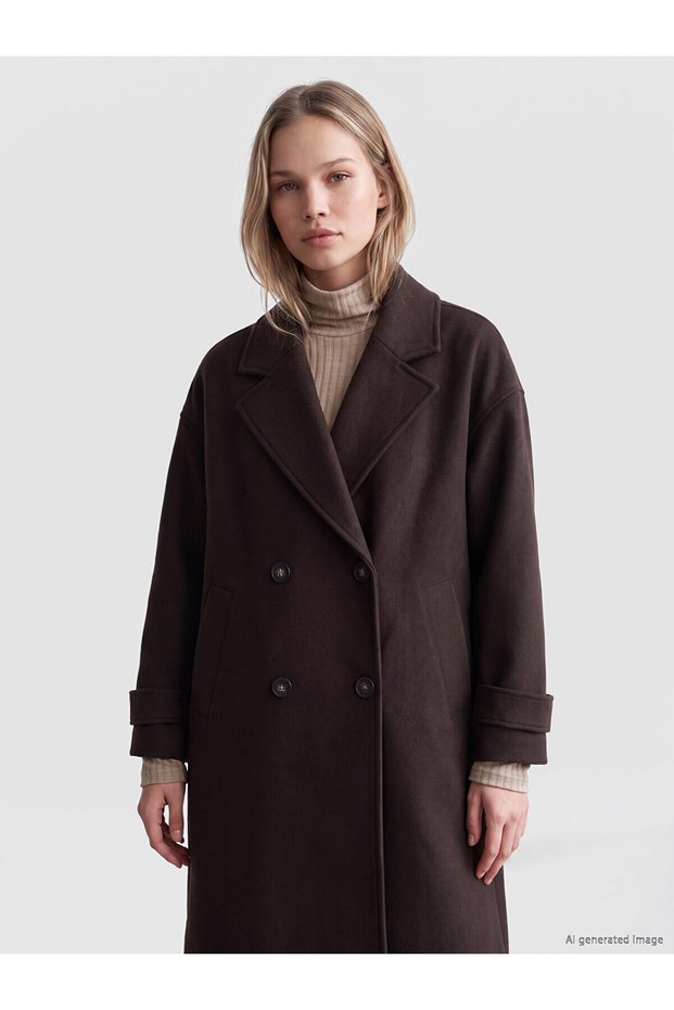 Özmarka New Season Brown Double-Breasted Collared Women's Cashmere Coat