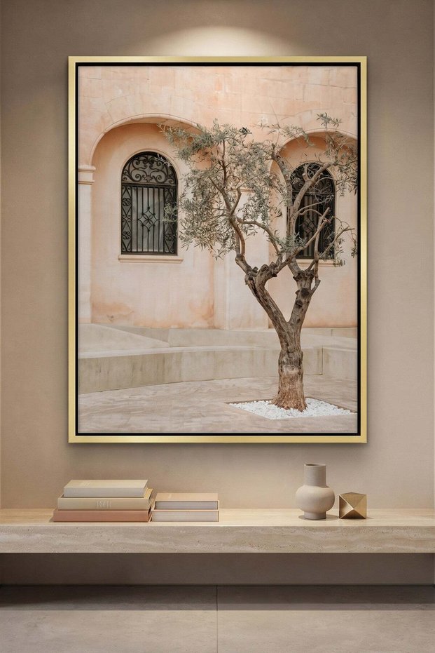 Rustic Stone Courtyard Architecture Wall Art | Portrait Framed Canvas Print | Luxury Home Decor