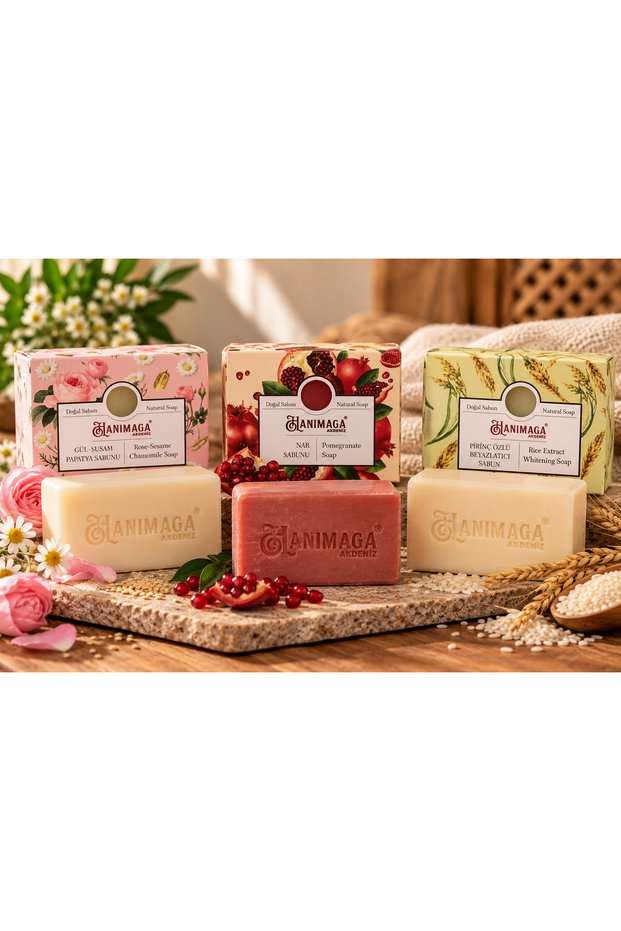 Mediterranean 3-Piece Soap Set Rose Sesame Chamomile Soap 100 Gr Pomegranate Soap 100 Gr Whitening Soap with Rice Extract 100 Gr