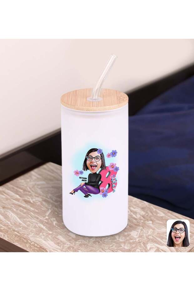 Special Cartoon White Colored Glass Cup with Straw for Women's Day 600ml - March 8Th Women's Day