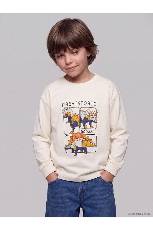 Peak New Season Beige Crew Neck Printed Long Sleeve Boys' T-Shirt.
