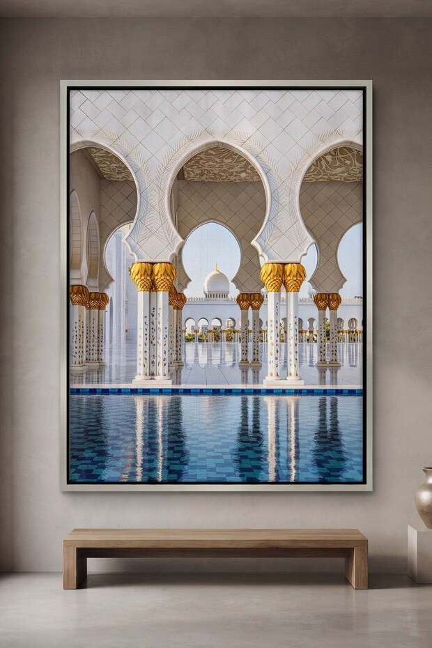 Golden Serenity Architecture Wall Art | Portrait Framed Canvas Print | Modern Decor for Living Room