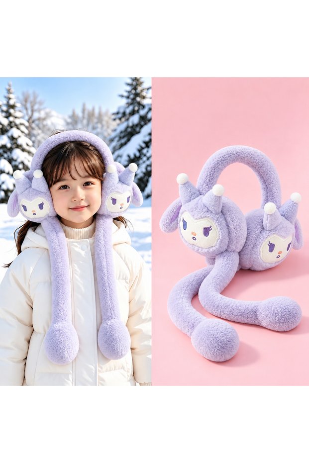 Cute Cat Purple Kuromi Patterned Young Girls Boys Plush Movable Ear Sound Activated Winter Warmer Rabbit Ear Bowknot Long Sleeve Winter Earflap Hat