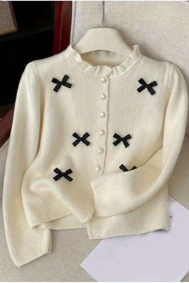Women's Ruffled Soft Textured Pearl Buttoned Ribbon Detailed Knitwear Cardigan