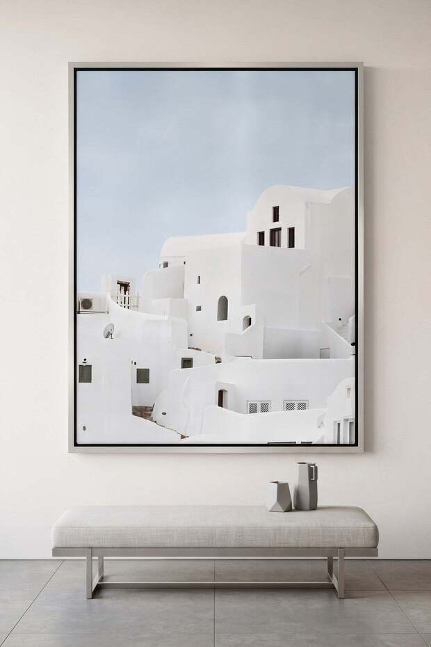 Whitewashed Architecture Wall Art | Portrait Framed Canvas Print | Modern Decor for Living Room