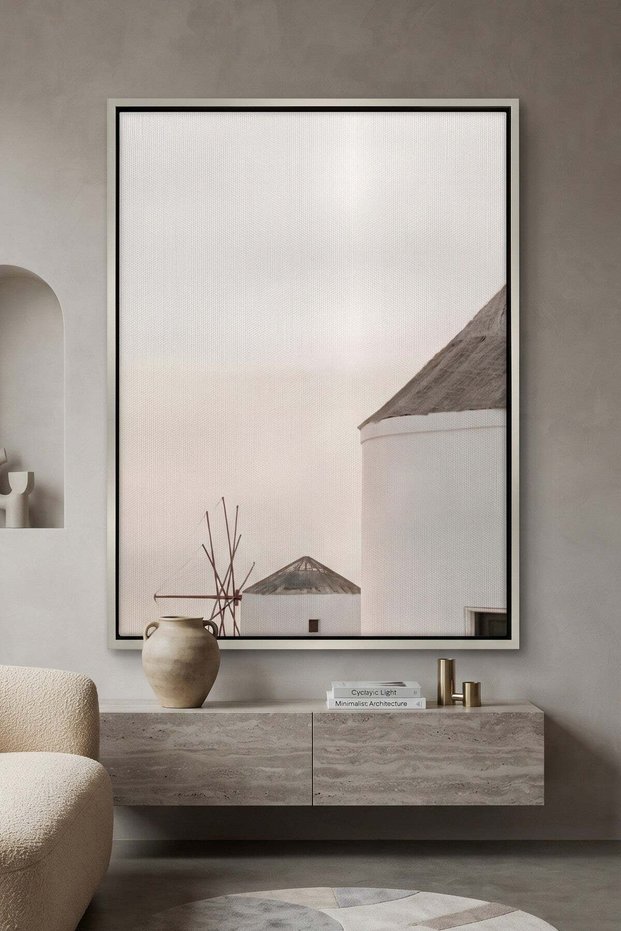 Minimalist Greek Island Architecture Wall Art | Portrait Framed Canvas Print | Luxury Home Decor