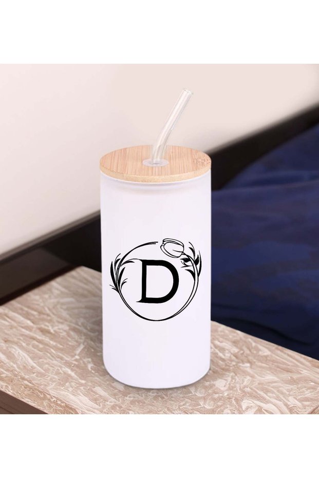 White Color Lettered Glass Cup with Straw 600ml - 1, Gift for a Friend, Birthday Gift
