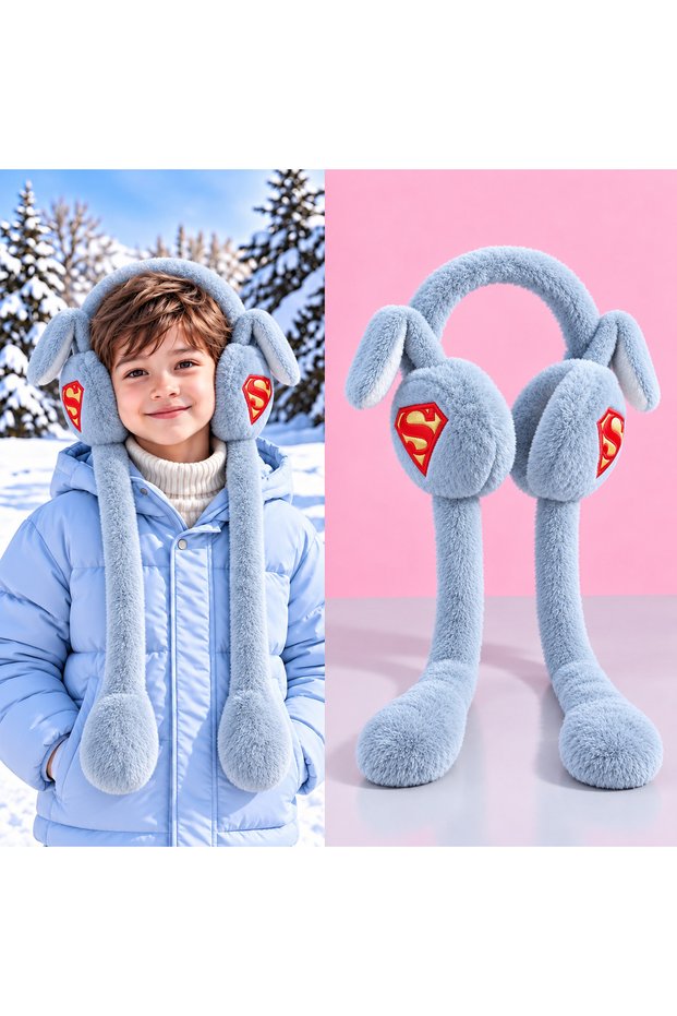 Cute Gray Supermen Patterned Teen Girls Boys Plush Movable Ear Sound Activated Winter Warmer Rabbit Ear Bowknot Long Sleeve Winter Earflap Hat
