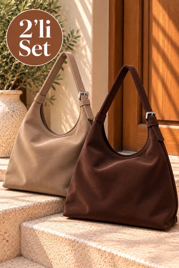 Set of 2 Suede Shoulder Bags – Soft Textured Women's Bags with Adjustable Straps