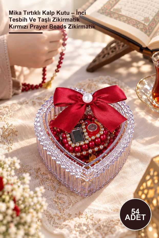54 Pieces of Mica Serrated Box – Pearl Prayer Beads and Stone Zikirmatik Red Prayer Beads Zikirmatik