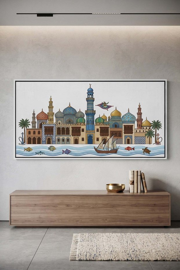 Arabian Nights Skyline Architecture Wall Art | Panoramic Framed Canvas Print | Luxury Home Decor