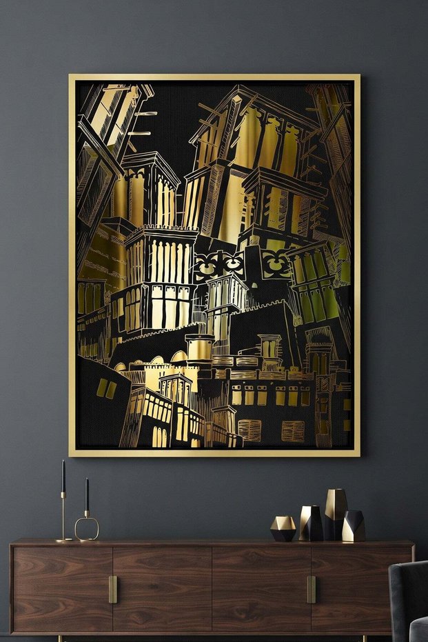 Golden Heritage Architecture Wall Art | Framed Canvas Print with Gold Foil | Luxury Home Decor