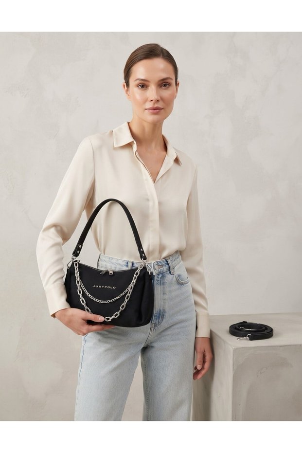 Chain Detailed Suede Women's Hand and Shoulder Bag Rc8033 Size: 26X26Cm