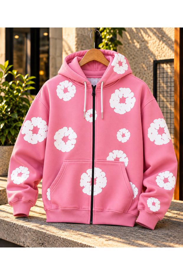 Unisex Oversize Zippered Hooded Sweatshirt White Patterned 3 Colors