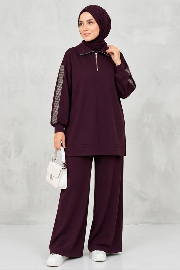 Women's Modal Fabric Stone Detailed Hijab Double Set