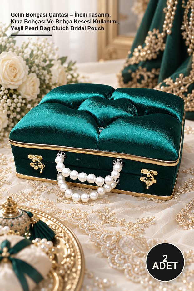 2 Pieces Bridal Bag – Pearl Design, Henna Bag and Pouch Usage, Green Pearl Bag Clutch Bridal Pouch