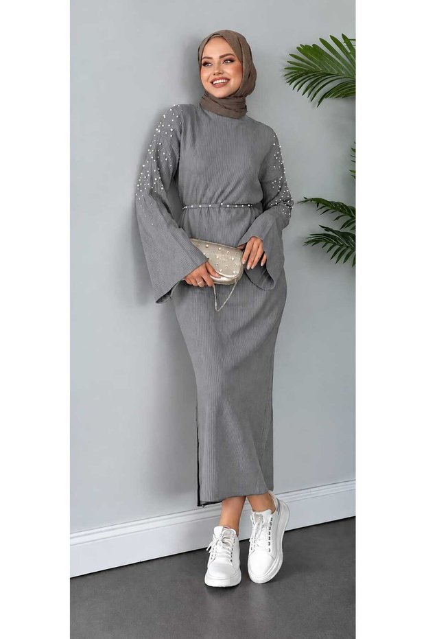 Women's Hijab Knitwear Dress Pearl Detailed Wide Sleeve Long Stretchy Ribbed Hijab Dress [130cm]
