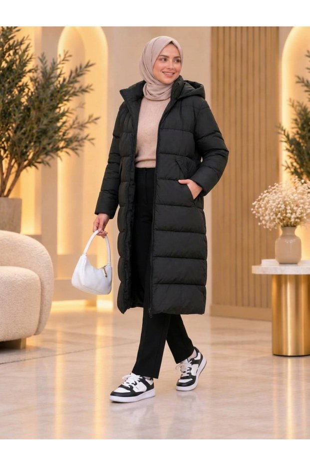 Hooded Lined Inflatable Long Coat Suitable for Women's Hijab Wear