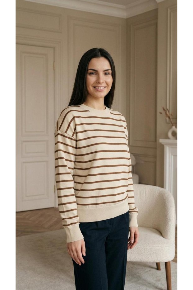 Women's Basic Brown Striped Long Sleeve Cotton Sweatshirt
