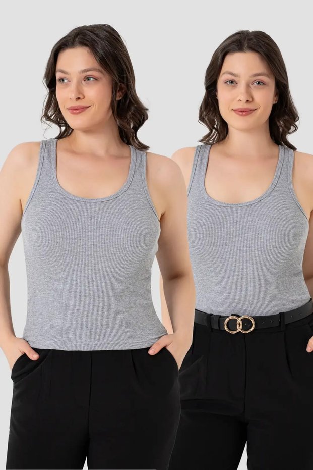 Delux Series Women's Ribbed Thick Strap Gray Undershirt 2-Pack Daily Wear Simple Style Sporty Style