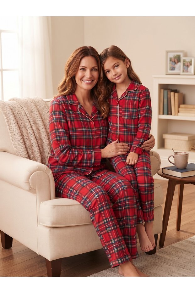 Mother-Daughter Cotton Shirt Collar Buttoned Long Sleeve Pajama Set (the Price Is for One Item)