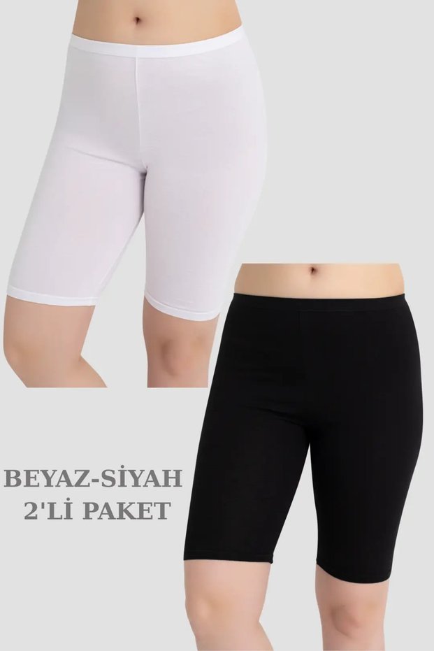 Women's Cotton Above Knee Short Tights 2'Li Package White - Black Plain Model Daily Piece Clothing