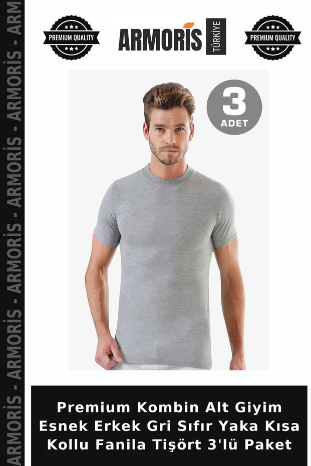 Premium Combination Undergarments Flexible Men's Gray Crew Neck Short Sleeve Undershirt T-Shirt 3-Pack