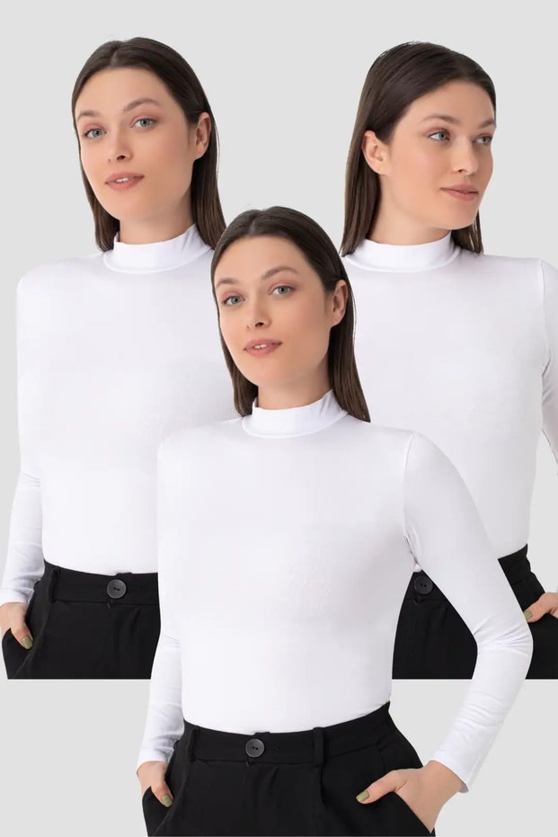 Special Production Women's White Turtleneck Long Sleeve Body 3 Pieces Comfortable Wear Cool Weather Casual Style