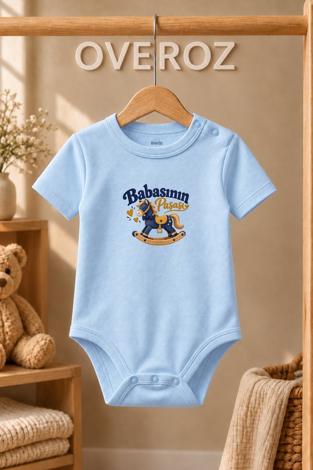 Dad Written Baby Bodysuit Rocking Horse Printed Blue Short Sleeve Snap Fastener Bodysuit 6095