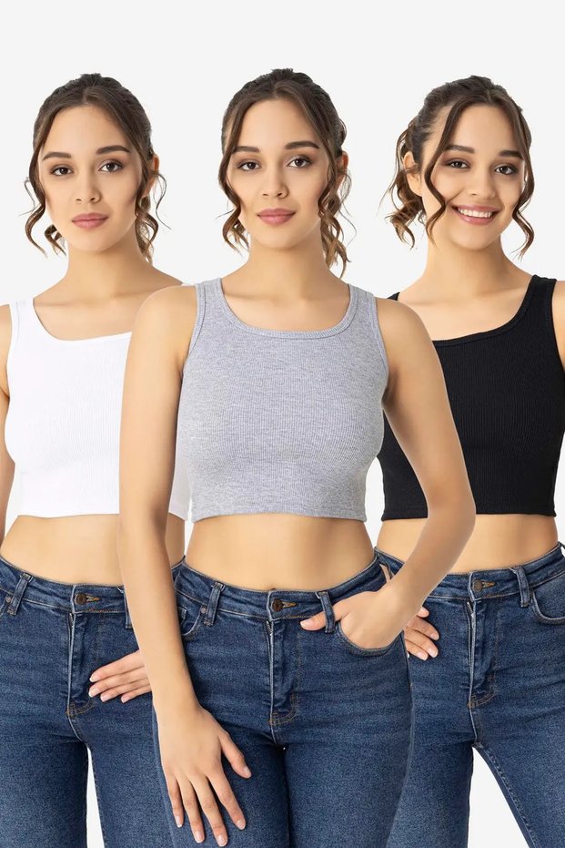 Special Series Women's Cotton Camisole Crew Neck Crop 3-Piece Set Casual Spring Stylish