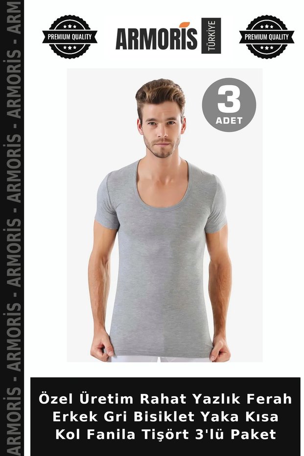 Special Edition Comfortable Summer Breathable Men's Gray Crew Neck Short Sleeve Undershirt T-Shirt 3-Pack