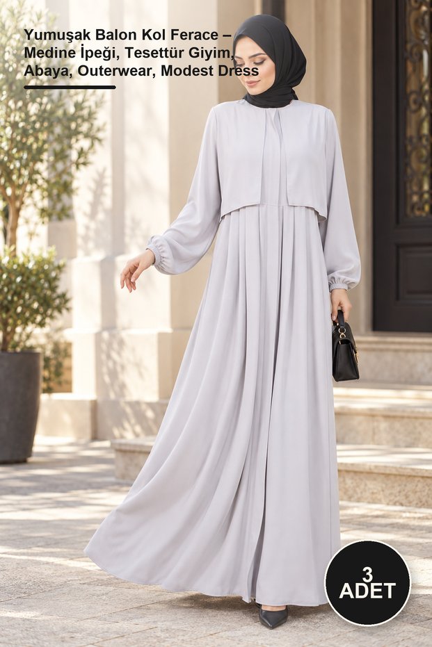 3 Pieces of Soft Balloon Sleeve Ferace – Medina Silk, Hijab Clothing, Abaya, Outerwear, Modest Dress