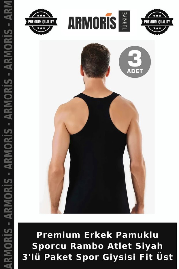 Premium Men's Cotton Athlete Rambo Undershirt Black 3-Pack Sportswear Fit Top