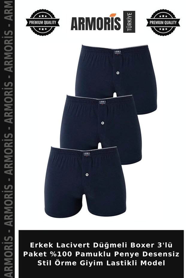 Men's Navy Blue Buttoned Boxer 3-Pack 100% Cotton Combed Cotton Patternless Style Knitted Clothing Elastic Model