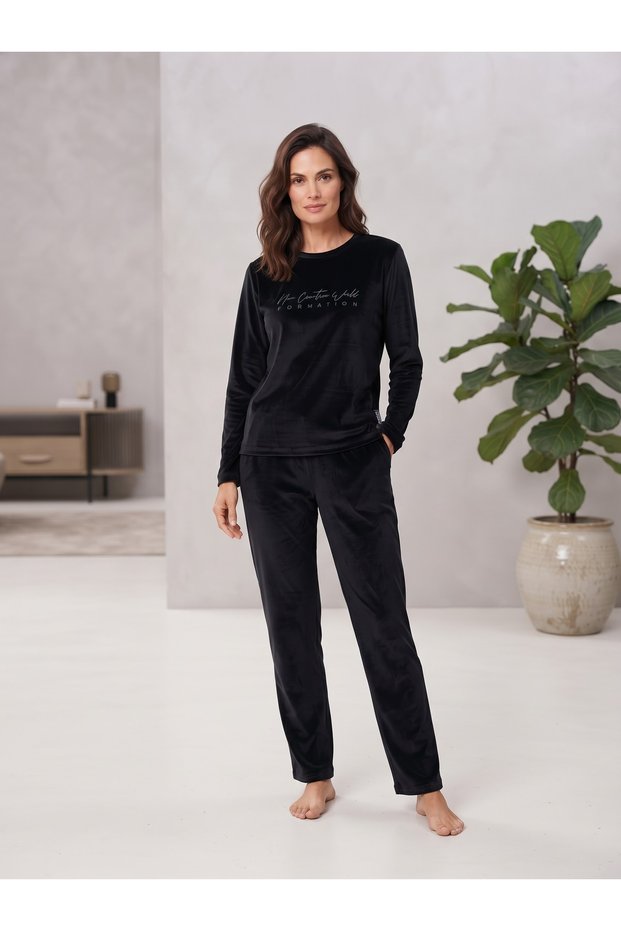 Women's French Velvet Crew Neck Long Sleeve Printed Pajama Set