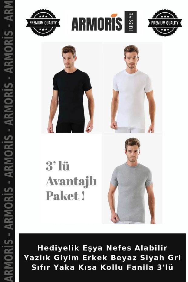 Souvenir Breathable Summer Wear Men's White Black Gray Crew Neck Short Sleeve Undershirt 3-Piece