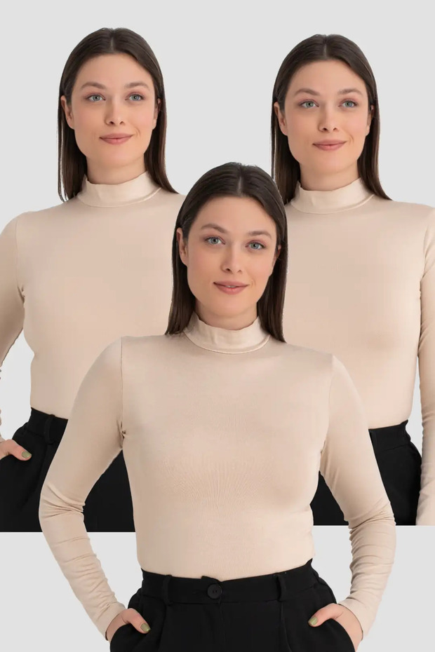 Special Production Women's Skin Color Turtleneck Long Sleeve Body 3 Pieces Daily Wear Textile Product Plain Blouse