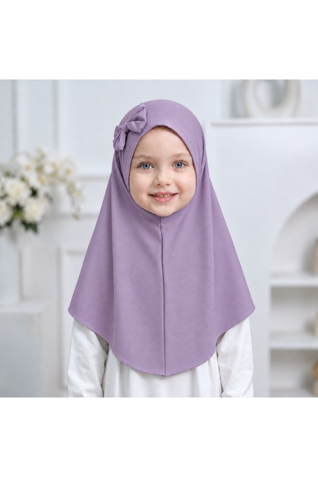 Lilac Purple Baby Girls Imported Practical Snap-On Ready-To-Wear Easy Head Cover Smart Scarf Shawl Bonnet Lycra Hijab Gift