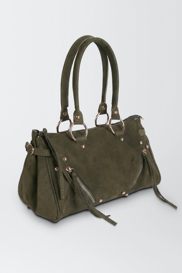 Women's Savana Khaki Suede Studded Tassel Zipper Detailed Cross Strap Lined Shoulder Bag