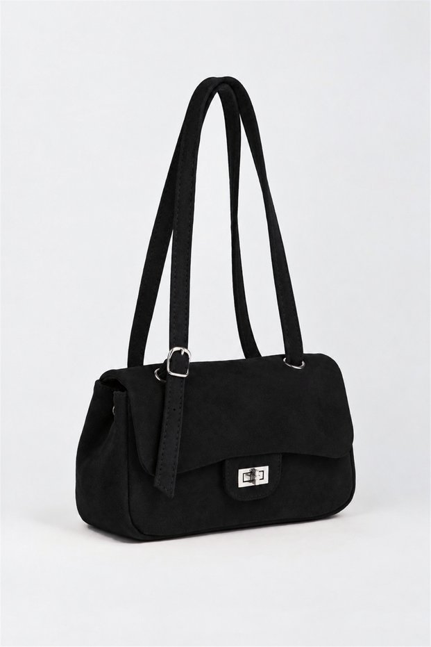 Women's Sapphire Black Suede Flap Shoulder Bag with Lockable Adjustable Crossbody Strap and Back Pocket
