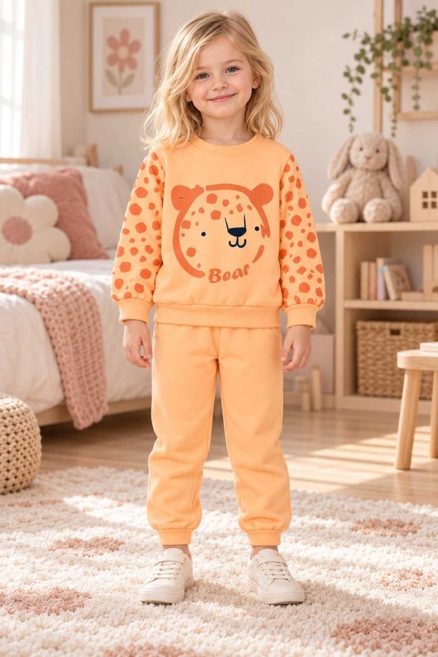 2-Piece Children's Set with Teddy Bear Print and Leopard Pattern, Suitable for Girls' Kindergarten and Nursery, 100% Cotton.