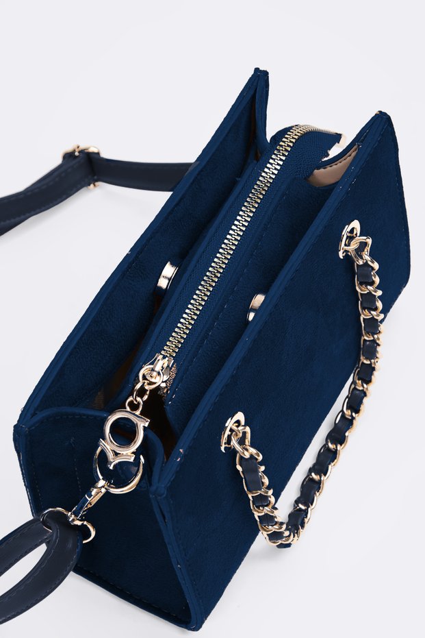 Women's Spruce Navy Blue Suede Chain Handle 3-Compartment Crossbody Lined Box Hand and Shoulder Bag