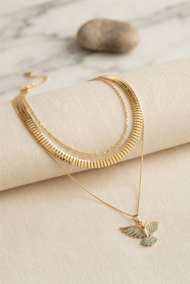 Gold-Toned Rice-Patterned Phoenix-Motif Snake Chain Detail Women's Necklace Set - Lisinya LSELDR06