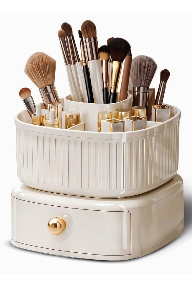 Rotating Makeup Organizer - Adjustable Spinning Skincare Carousel with Brush Holder