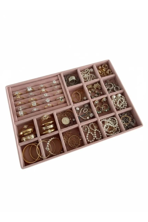 Domestic Production Baku Model Suede Pink Color Drawer Jewelry Stand with Compartment and Drop