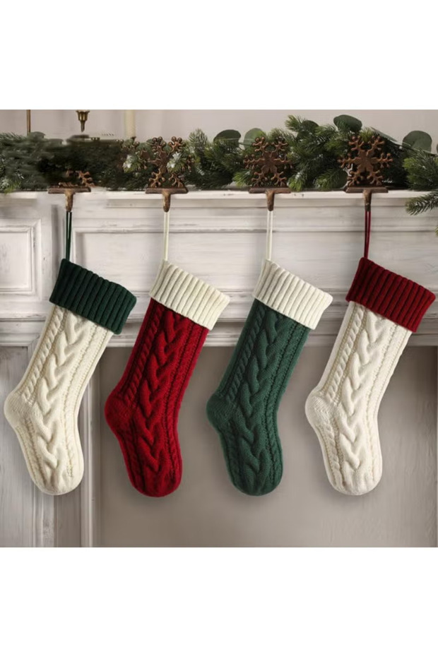 4 Pack Christmas Stockings, 18 Inches Large Christmas Stocking, Cable Knitted Xmas Stocking, Hanging Stocking Decorations for Holiday Christmas Party Family Decor (Red White Green)